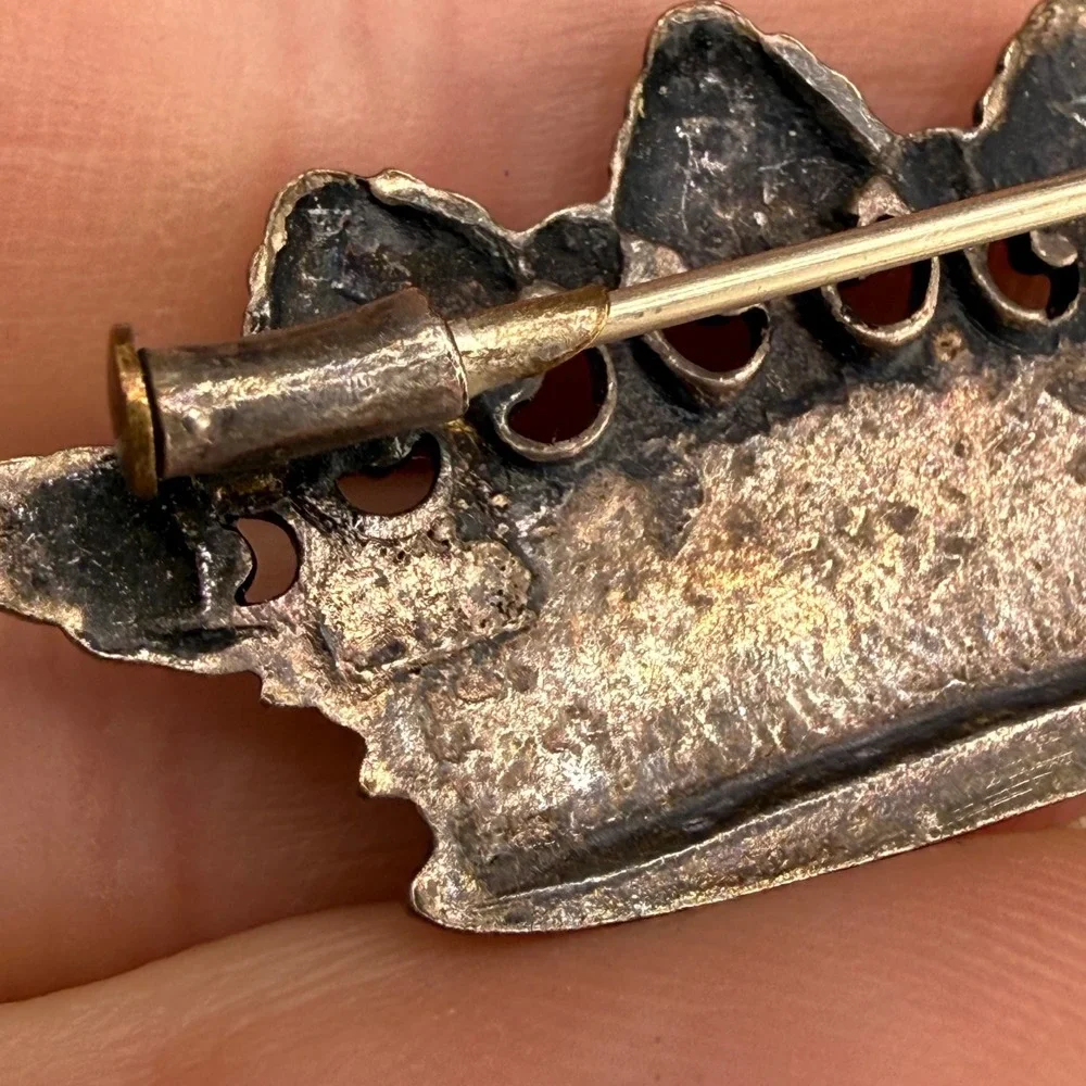 Vintage Crown Brooch Pin Sterling Silver Tone Ornate Royal Tiara Design READ
